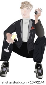 Vector. The man in a suit sitting with a glass of champagne and a mobile phone in their hands.