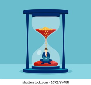 Vector of a man in suit sitting inside hourglass and working on his laptop. Productivity and time management concept.