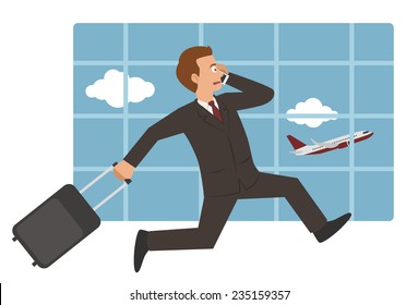 vector man with suitcase running to catch plane