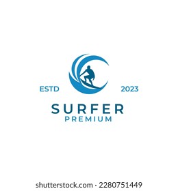 Vector man surfing logo design concept illustration idea