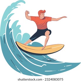 Vector man surfing on ocean waves , white background