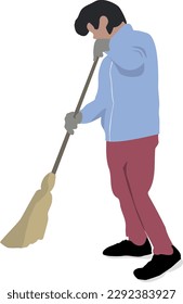 Vector man sweeping street with straw broom