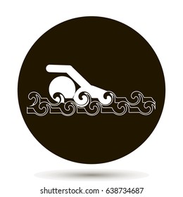 Vector man swimming, swimming in a river, in the sea. Waves.
On a black background