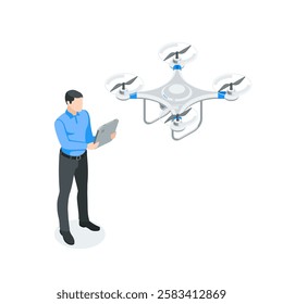  vector man with tablet controls drone, in color on white background, technology or drone operator