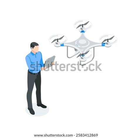  vector man with tablet controls drone, in color on white background, technology or drone operator