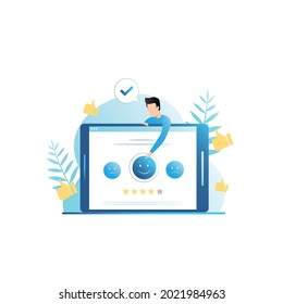 Vector man in tablet evaluates work of service, business, gives rating, likes, reviews. Guy chooses appropriate smiley in recommendations. Feedback on Internet. Thumbs up gesture on rating voting.