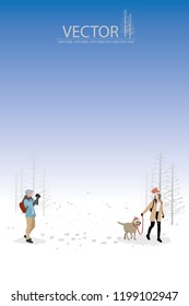 vector man take a dog and woman photo on winter background