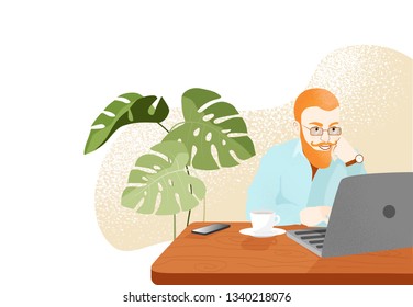 Vector man thinking and working on a computer