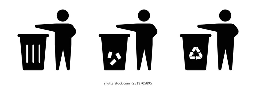 Vector Man Throw Garbage, Man Throw Garbage With Recycle Symbol Icon Set Isolated