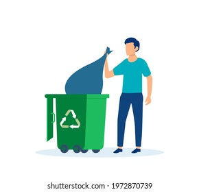 Vector of a man throwing away trash into trash bin with recycling symbol