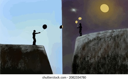 Vector of man throwing balloons to woman on the other side.