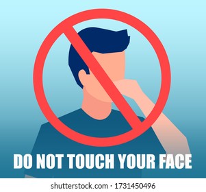 Vector of a man touching his face with hand and alert sign not to do so. Coronovirus alert and personal hygiene concept.