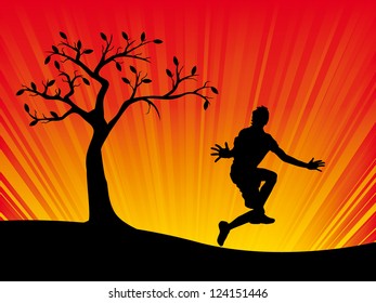 vector man and tree silhouette with orange shine sunset background