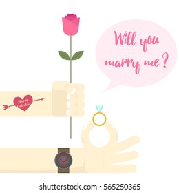 Vector of a man try to propose someone. Guy's left hand holding pink rose with red heart tattoo and arrow on his arm, right hand holding ring with big diamond asking "will you marry me?"