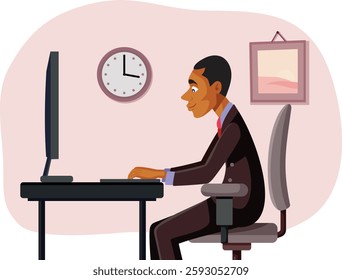 
Vector Man Typing at the Computer Vector Drawing Illustration. Male office worker writing emails doing overtime 


