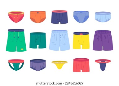 Juego de doodle de tipos de ropa interior de vectores. Un hombre diferente calzoncillos. Briefs, boxers e ilustración de jockstraps. Troncos de natación, deportes bajo tierra con botones, cordones y bolsillos