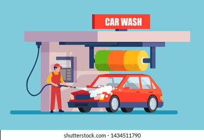 Vector of a man in an uniform washing red car with soap and water.