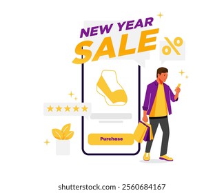 Vector of man use phone to online shopping while bringging shopping bag on new year sale event