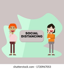 vector of man use smart phone make a call to woman with green and grey background concept of social distancing