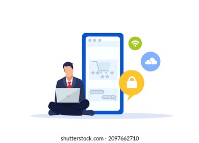 Vector of a man using mobile devices, shopping online leaving online feedback 