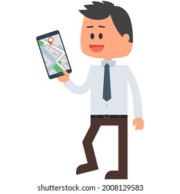 Vector man using mobile gps map to search route