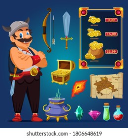Vector man viking character and game item isolated set. Fantasy bow with arrow, sword weapon, different money coin reward, treasure, paper map, feather, potion in flask and in boiled pot