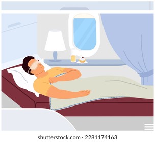 Vector man vip passenger of business class sleeping during aircraft travel illustration. Comfortable airplane interior. Time for leisure and relax during flight