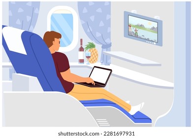 Vector man vip passenger of business class inside airplane illustration. Businessman freelancer working on laptop online drinking wine eating pineapple. Comfort aircraft travel concept