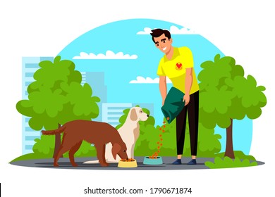 Voluntarios vectores alimentando a perros sin hogar en el parque. Atención veterinaria, ayuda. Trabajador de refugio canino rescatando animales abandonados y mascotas. El paisaje del parque urbano. Caridad, rehabilitación o adopción