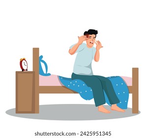 Vector man wake up with headache migraine pain illustration