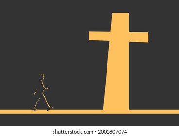 vector man walking towards the cross  Religious concepts.