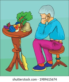vector of man watching colorful bird on table