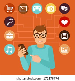 Vector man wearing glasses in flat style - social media addiction concept