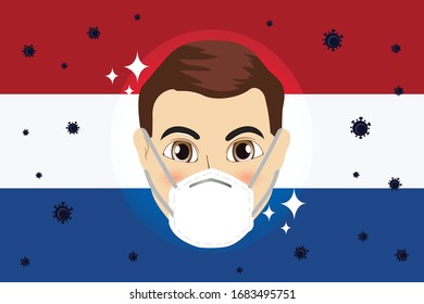 Vector of Man Wearing a Protective Mask to Protect by surround Covid-19 or Corona Virus Outbreak on Netherlands flag flag.