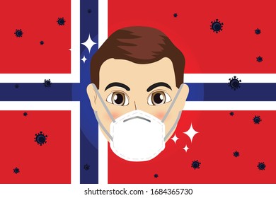 Vector de hombre usando una máscara protectora para proteger por rotura del virus Covid-19 o Corona en la bandera de Noruega.