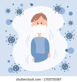 Vektorillustration eines Mannes, der eine Schutzmaske trägt, um den Ausbruch des Covid-19-Virus oder des Corona-Virus zu schützen. Design der Vektorillustration.