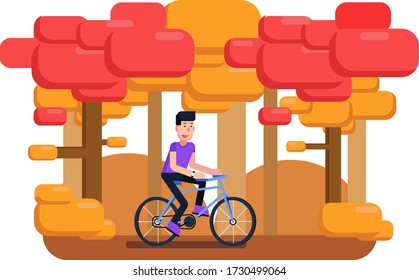 Vector of man wearing purple shirt bicycling with blue bicycle in the orange forest.