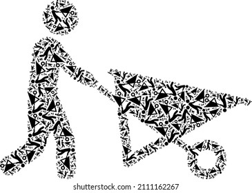 Vector con mosaico de iconos de carretilla. El hombre con composición de carretillas se forma a partir de un hombre recursivo disperso con pictogramas de carretilla. Composición de recursión del hombre con icono de carretilla.