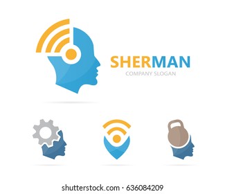 Vector of man and wifi logo combination. Face and signal symbol or icon. Unique human and radio, internet logotype design template.