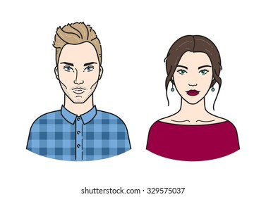 Vector man and woman character portrait set isolated on white