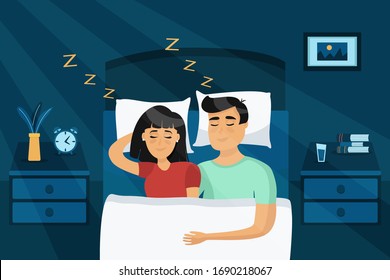 Vector man and woman couple are sleeping in bedroom. Top view on husband and wife hug and sleep in bed together. Concept of flat illustration in cartoon style