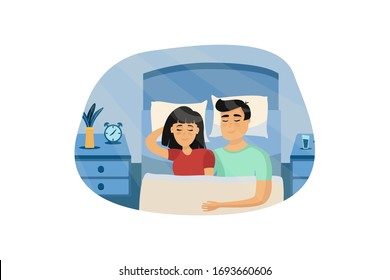 Vector man and woman couple are sleeping in bedroom. Top view on husband and wife hug and sleep in bed together. Concept of flat illustration in cartoon style