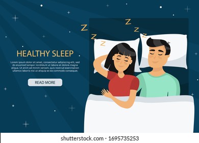Vector man and woman couple are sleeping in bedroom. Top view on husband and wife hug and sleep in bed together. Concept of flat illustration in cartoon style
