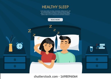 Vector man and woman couple are sleeping in bedroom. Top view on husband and wife hug and sleep in bed together. Concept of flat illustration in cartoon style