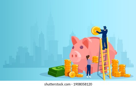 Vector of a man and a woman depositing money in a piggy bank on a cityscape background 