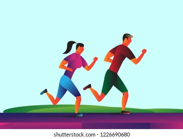 vector of man and woman doing run together in the park with cartoon style illustration