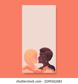 Vector Man And Woman Facing Each Other With Their Eyes Closed And Copy Space. Happy Valentines Day Concept. Vertical Banner Design.