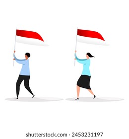 Vector of man and woman holding Indonesian flag for prototype or photo background