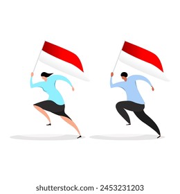 Vector of man and woman holding Indonesian flag for prototype or photo background