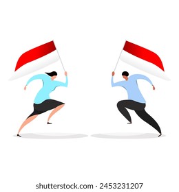 Vector of man and woman holding Indonesian flag for prototype or photo background